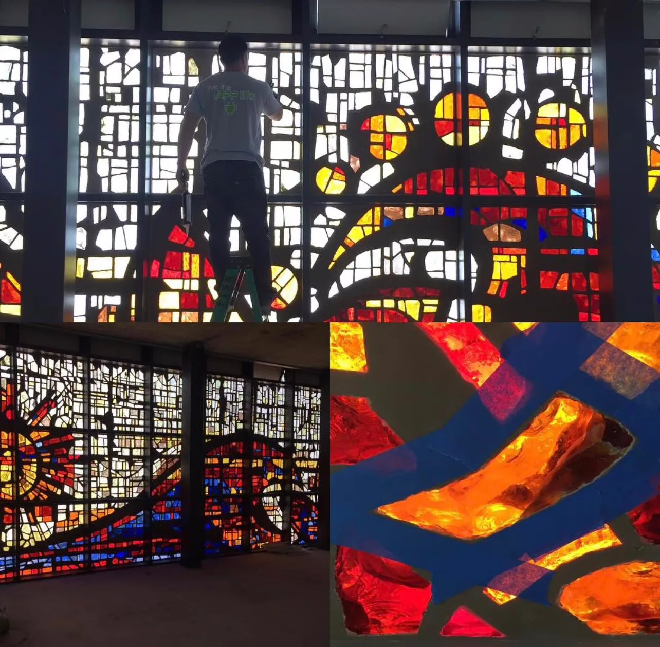 Restored cathedral stained glass window with releaded came