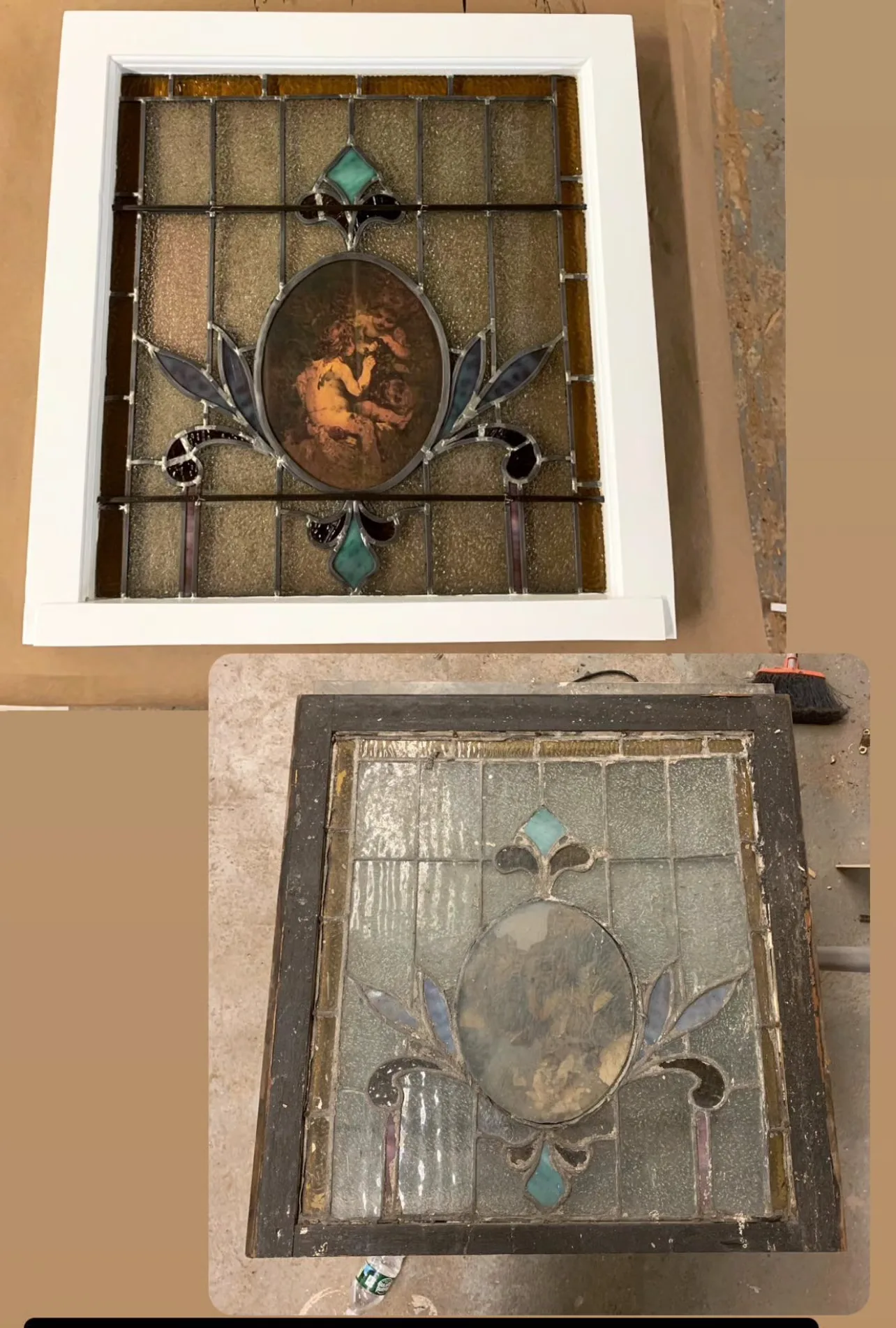Heraldic leaded glass medallion releading, Brooklyn