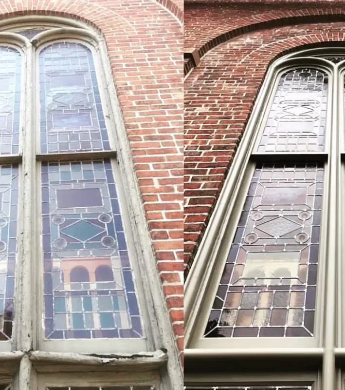 Lead-safe restoration of a historic leaded window panel in the workshop